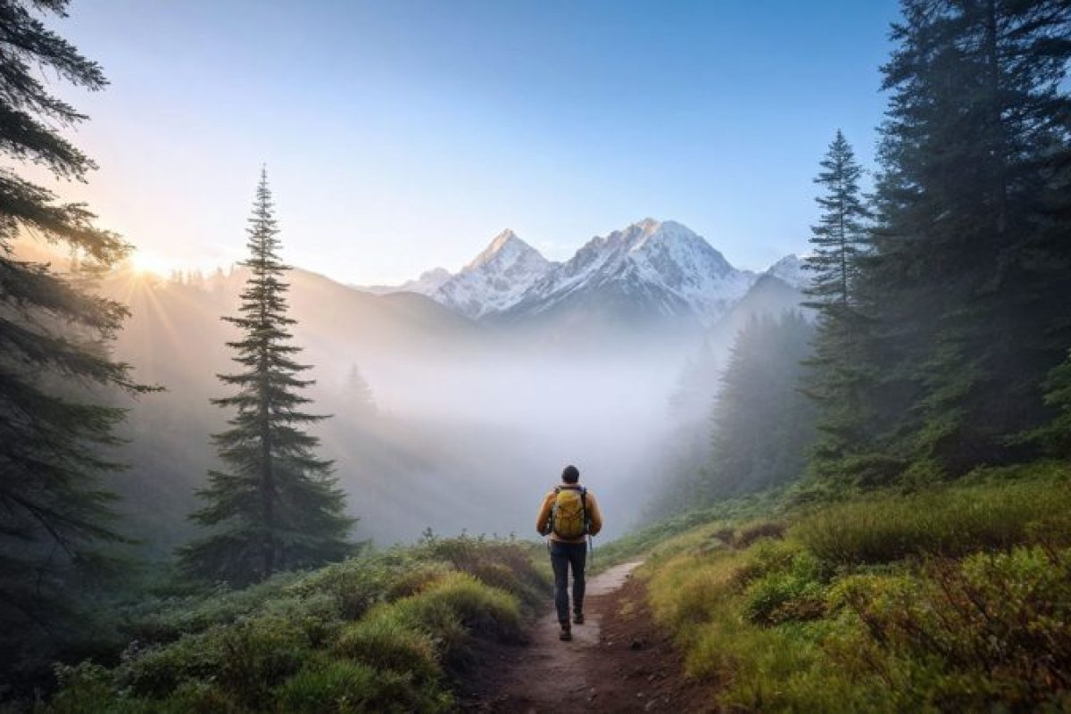 image from behind of a man walking in misty forest