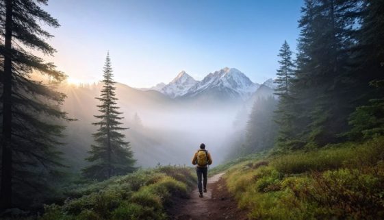 Mindfulness image from behind of a man walking in misty forest